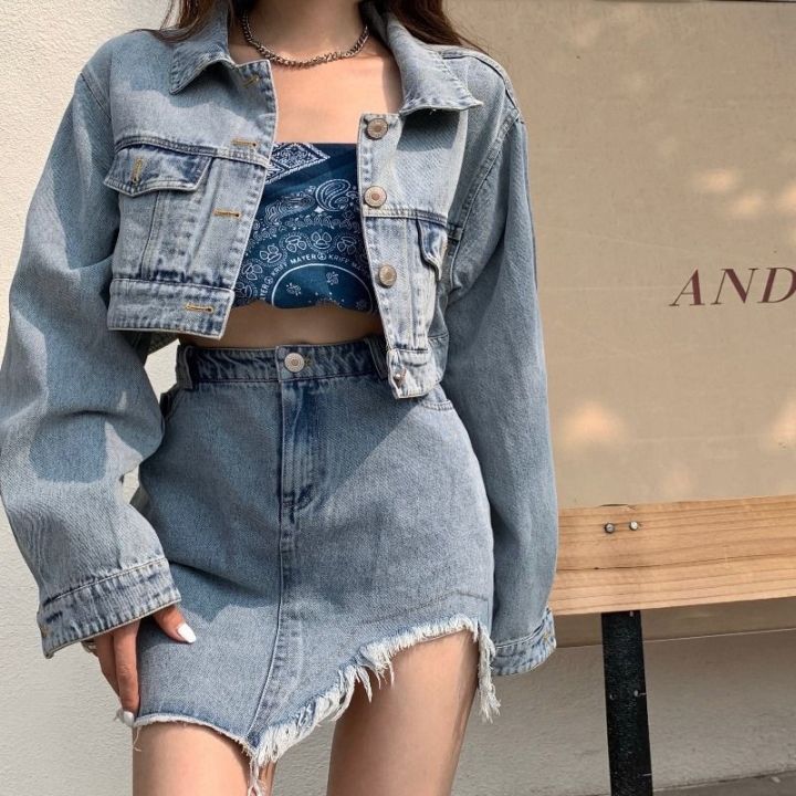 Denim Skirt Two-Piece Suit R Student Loose Denim Jacket Female + Hong Kong  Style Irregular High Waist Skirt | Lazada PH