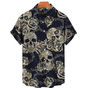 ZEEMIN Vintage Mens Shirts Skull Print Short Sleeve Shirt Top Fashion Casual Streetwear Oversized Men Clothing Hawaiian Shirts For Men