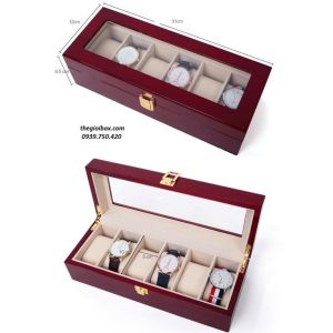 Hộp Đựng Đồng Hồ 6 Ngăn Vỏ Gỗ Sơn Mài Cao Cấp - Có Nắp Kính Chống Bụi Bẩn