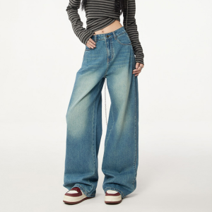 Vintage Distressed Wide-Leg Jeans for Women High-Waisted Loose Fit Floor-Length Straight Pants