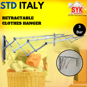 SYK STD Italy Retractable Clothes Hanger 3 Bar Wall Mounted Clothes Drying Rack Wall Ampaian Sidai Baju