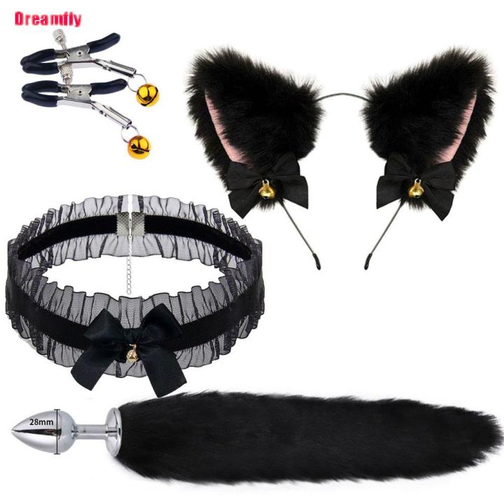 4pcs3pcs Cute Fox Tail Anal Plug Cat Ears Headbands Nipple Clip Neck Collar Set Erotic Cosplay 4854
