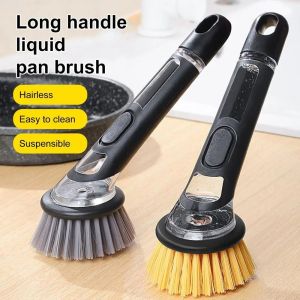 SPORTS XU 1Pcs ที่จ่ายสบู่ แปรงหม้อ พร้อมที่จับ ไม่ลื่น แปรงขัดครัว ทนทาน บิวท์อิน แปรงทำความสะอาดเครื่องครัว สำหรับหม้อและอ่างล้างจานที่บ้าน