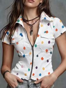 Ladies Short Sleeve Faux Denim Shirt with Stand Collar Front Zipper Design And Colorful Print Texture-Free Summer Vitality Style2026