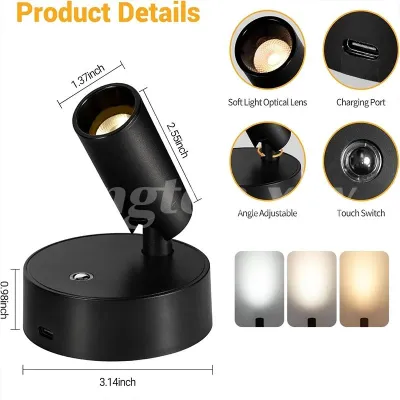 LED Wall Light 3 Colors Magnetic USB Rechargeable Wireless Wall Light 360° Rotate with Remote
