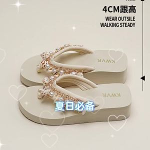 [Free Shipping] Vacation-Style Shell And Pearl Starfish Flip-Flops Thick-Soled Height-Increasing Beach Sandals Retro-Style WomenS Shoes Versatile Sandals
