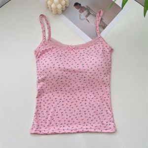 【COD&Ready Stock】Spring Lace Flower Print Camis Tank Tops One Size Sweet Floral Tops Elegant Short Tank Tops Vest Y2K Camisole