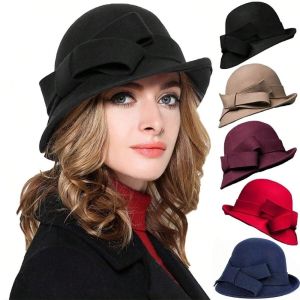 SEMATTI Vintage Style Wool Felt Bucket Hat Elegant Shape with Bow Decoration Vintage Cloche Fedora Cap Elegant Headpiece Classic Design Female Bowler Hat Wedding Occasion