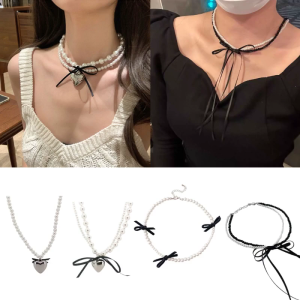 Bohemian Heart Choker Necklace Vintage Y2K Ribbon Bowknot Clavicle Chains Alloy Material Perfect Gift for Women Girls