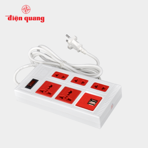 Ổ Cắm Điện Quang ECO ĐQ ESK 5ECO 2A (5 lỗ 2 cổng USB 2.0A màu trắng đỏ) - Tích hợp 2 cổng sạc USB tiện lợi dây dài 2m/5m. Tự ngắt điện khi quá tải an toàn. BH 12 tháng