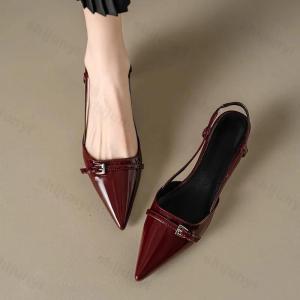 2026 New Summer French Wine Red Pointed Patent Leather Mid-heel Overhead Sandals for Women Retro Skinny Heel Slingback Pumps