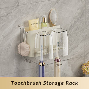 JustLiving 1PC Toothbrush Holder with 2/3 Cups Bathroom Toothbrush Holder Punch-Free Multifunctional Wall Suction Toothbrush Holder Wall Mounted Toothpaste Storage Shelf