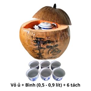 Bộ bình ủ trà trái dừa khắc chữ "Tâm" / Bình trà 04 - 09 lít / Giữ ấm 3 - 6 giờ / Sản phẩm sản xuất thủ công trứ danh xứ dừa Bến Tre
