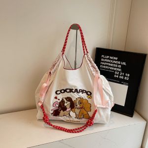 COLOO Nylon BallChain Embroidery Handbag Mommy Bag Large Capacity Cartoon Puppy Shoulder Bag Lightweight Shopping Bag Drawstring Tote Bag