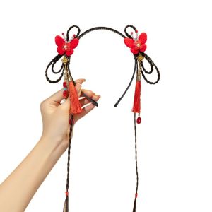 JPTD Red Hanfu Wig Headband Chinese Style Pearl Flower Tassel Headband Tang Suit Cute New Year Headwear Children