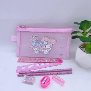 7pcs/set Kawaii Sanrio Kuromi Cute Stationery Gift Box My Melody Cinnamoroll Gel Pencil Folding Ruler Eraser Pencil Stationery Set School Supplies Childrens Day Gift
