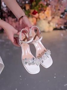 [Free Shipping] 2026 New Silver Transparent Elegant High Heels for Women Summer Sandals with Chunky Heels to Pair with Skirts Womens Summer Outdoor Shoes