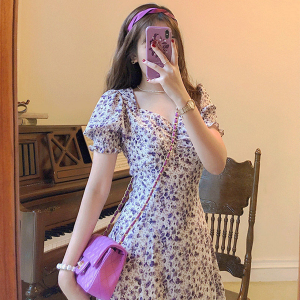 CACNCUT Korean Style Floral Dress Women Fashion Chiffon Bubble Sleeve Short Sleeve Floral Dress
