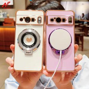 Luxury Bracket Case for Google Pixel 8 Pro 8A 7A Love Heart Ring Holder Plating Silicone Cover for Pixel 9 10 Pro XL