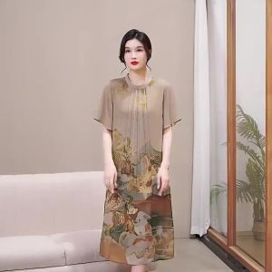 SNew 2025 Mom Summer Dress Cheongsam Short Sleeve Chiffon Traditional Chinese Style Mid-aged And Elderly Womens Fashion DressL728