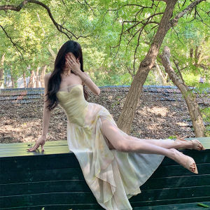 2026 Summer New Lace Spliced Printed Slip Dress Irregular Slit Bandeau Dress Women Vacation Beach Dress