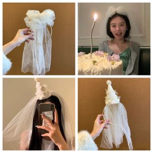 YOYO CHARMING สไตล์เกาหลีแบบ ที่คาดผมผ้าคลุมหน้าสีขาว สร้างสรรค์และสร้างสรรค์ นุ่มนุ่มๆ พร็อพถ่ายภาพวันเกิด สง่างามเรียบหรู ชุดคลุมศีรษะ ตาข่ายโบว์คาดศีรษะ อุปกรณ์จัดแต่งทรงผม