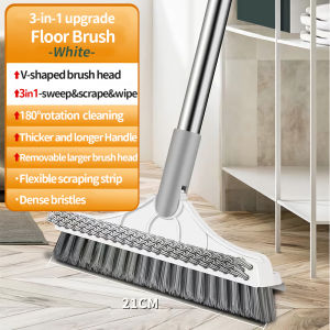 4 in 1 Floor Brush Scrubber with Long Handle Grout Brush 2024 New Upgrade Scrape Stiff Bristle Cleaning Scrub Brush with Squeegee and Hair Tweezer 120°Rotating Tile Brush for Cleaning Bathroom Glass Patio Kitchen Tub Carpet Grout Tile