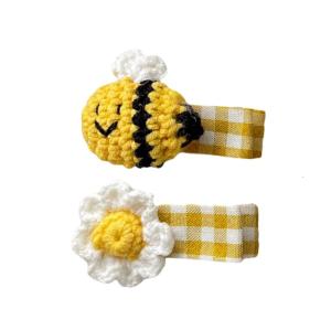 Lovely Honeybee Theme Hairpin Duckbill Clip Barrettes Hand Crochet Side Pin Elastic Hairtie Hair Styling Accessory 2PCS