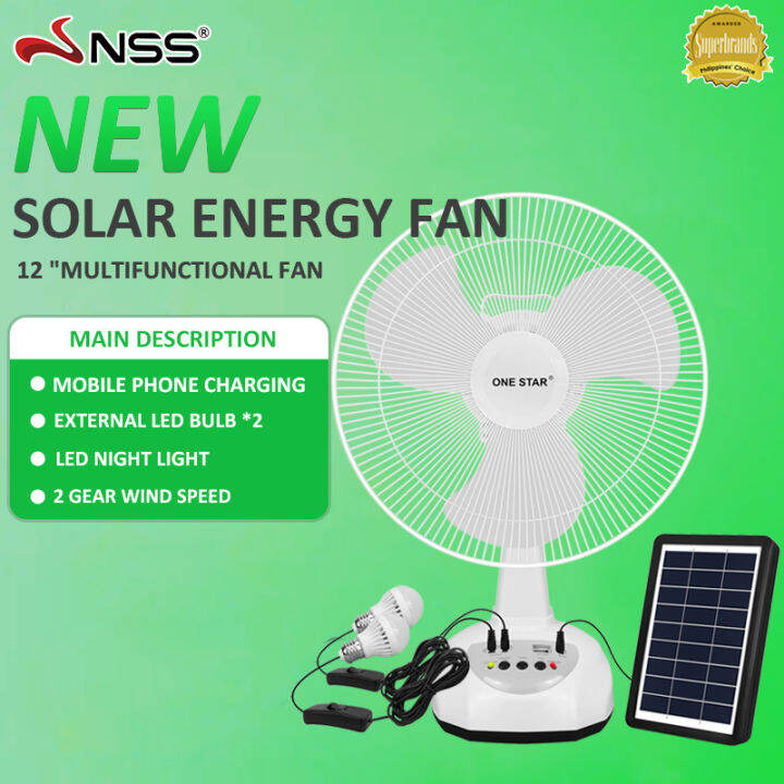 Nss Solar Fan With Panel Electric Fan Rechargeable Fan With Led Bulb With Emergency