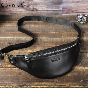 CONTACTS Genuine Crazy Horse Leather Waist Packs For Men Travel Fanny Pack Small Waist Bag for Cell Phone Male Chest Bags Crossbody Bag