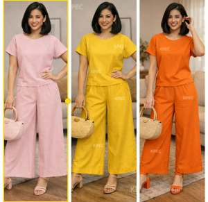 AA Chic Casual Cotton-Blend Womens Tracksuit Sets - Round Neck Top & Wide-Leg Pants in Pastel Colors