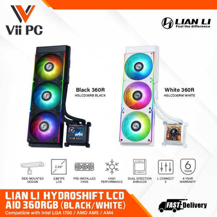 LIAN LI HYDROSHIFT LCD 360R RGB BLACK / WHITE 360MM AIO LIQUID COOLER 2.88 IPS LCD SUPPORT Intel: LGA 1700 AMD: AM5 / AM4