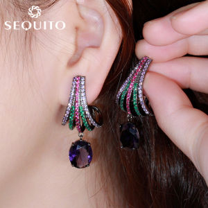 SEQUITO Khuyên Tai Vòng Pha Lê Hình Bầu Dục Thả Hình Tròn Đá Cubic Zirconia 5 Hàng Thiết Kế Mới Quà Tặng Trang Sức Cường Điệu Cho Nữ SE387