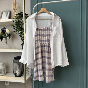 SET7074 Checker Slip Dress Set w/ Sheer Outer dress