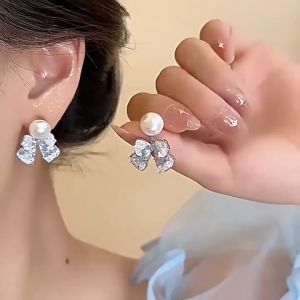 Anting Rama-Rama🦋 Gradient Bow Pearl Earrings Korean Style Jewelry Fashion Elegant Women Accessories
