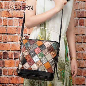 EDERN กระเป๋าสะพายไหล่หนังแท้สำหรับผู้หญิง กระเป๋าแมสเซนเจอร์เย็บปะติดปะต่อสีสันสดใส กระเป๋าสะพายข้างหนังวัว กระเป๋าสลิง หรูหราแฟชั่น กระเป๋า Tote