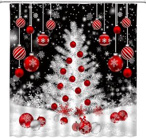 Merry Christmas Shower Curtain Colorful Xmas Trees Red Stars Snow Snowflake Seamless Pattern Winter Holiday Cartoon Green Red Gray Bathroom Home Curtain Decor with Hooks70" Wx70 H