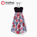 PatPat Family Matching Black Cotton Tee Beach Short-sleeve Shirt and Flora Print Splicing Halter Strap Midi Dress Sets. 