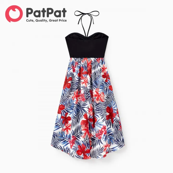 PatPat%20Family%20Matching%20Black%20Cotton%20Tee%20Beach%20Short-sleeve%20Shirt%20and%20Flora%20Print%20Splicing%20Halter%20Strap%20Midi%20Dress%20Sets%20-%20Image%202