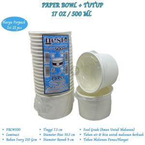 Paper Bowl ukuran 500 Ml Plus Tutup Mangkok Kertas (Isi 25 Pcs-PBLW500)