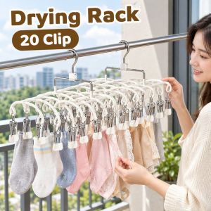 Multi Purpose 20 Clips Stainless Steel Drying Rack 360 Swivel Hook Anti Slip Laundry Hanger For Socks Underwear Shoes