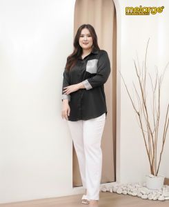 MELARGE Elizabeth Kemeja Polos Wanita Bigsize Blouse Bahan Saten Satin Premium Atasan Oversize LD 120 130 140 150 3XL 4XL 5XL 6XL