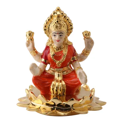 Kamal Lakshmi Pearl White - Pure 24kt Gold Plated Solid Idol - Size: 8cm x 7cm - “The goddess of wealth and prosperity”