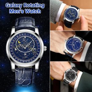 Mens Quartz Watch with Night Light and Rotating Starry Sky Design
