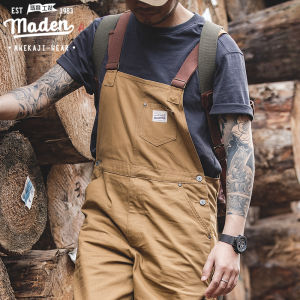 Maden brand high quality men art small tooling jumpsuit Japanese retro khaki bib classic canvas suspenders American labor pants
