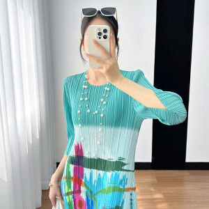 Nova quality⭐One person one pleat ⭐New Miyake slouchy seven-point sleeves crew-neck advanced sense pleated chic A-line dress