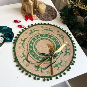 MAOMEI Đay Tấm lót đĩa giáng sinh Cổ điển Tròn Tấm lót Bộ đồ ăn Bông tuyết ông già Noel Cách nhiệt Tấm lót ly Bàn ăn