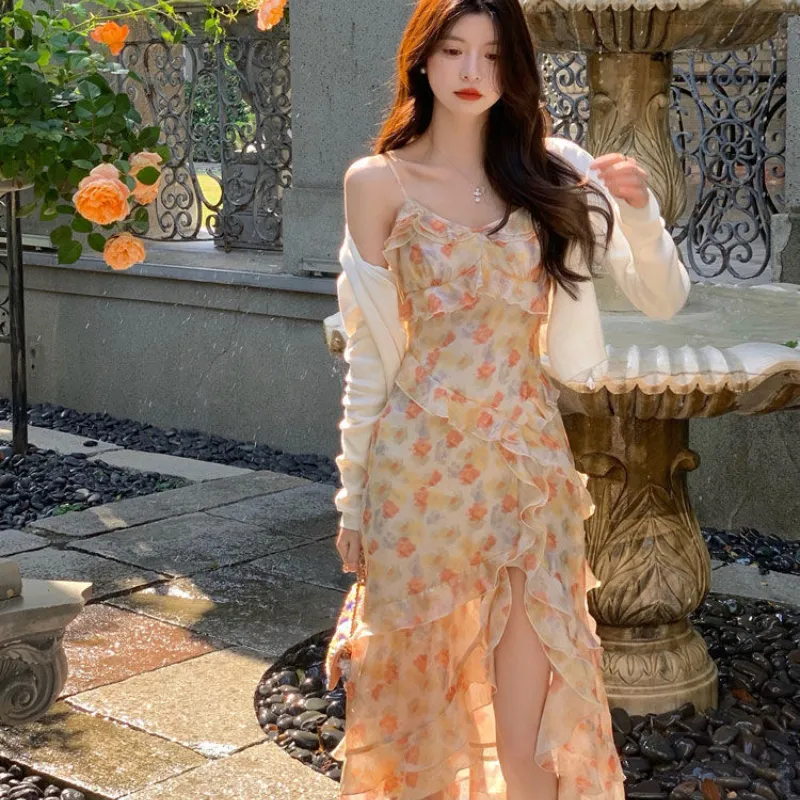 Fawzia Ruffled Asymmetrical Floral Split Suspender Dress Women Niche Design  Mid-length Skirt Polyester Midi Dress Casual Sleeveless V-Neck - Lazada
