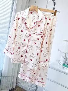 HT702 Bộ Pijama ngủ lụa hotgirl hoạ tiết trái tim sang chảnhSet đồ lụa dài tay tiểu thư hithot HT702