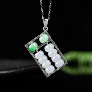Abacus Jade Necklace Green White Jade Donut Pendant Healing Necklace S925 Sterling Silver Inlay Charm Green Jade Good Luck Healing Wife Gift